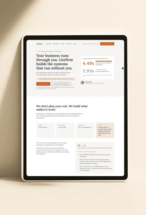 The Litefirm homepage on a tablet